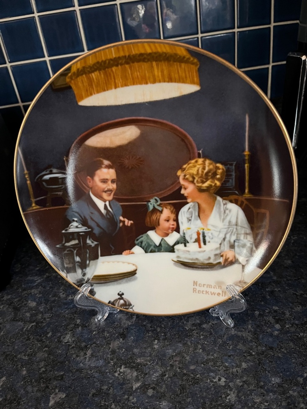 Norman Rockwell Family Dinner Plate in Brown, Cream and Gold